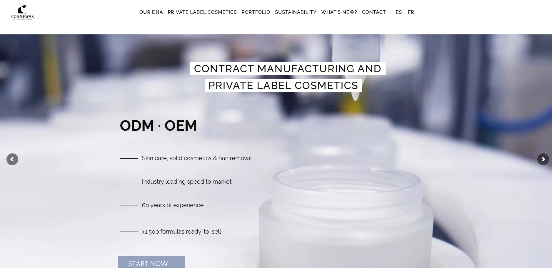 Cosmetic manufacturing banner showing details about ODM and OEM services, including skincare and hair removal with industry benefits.